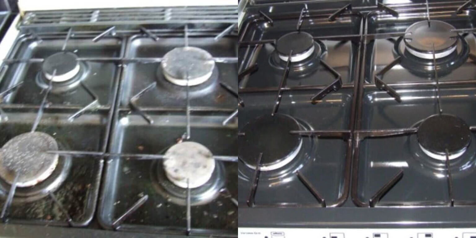 Gas hob before and after cleaning