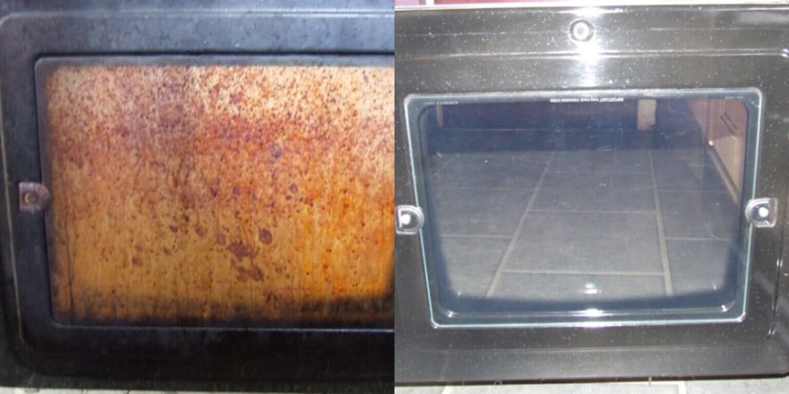 Oven door glass before and after cleaning between the panes