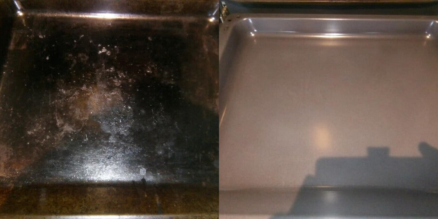 Oven tray before and after cleaning