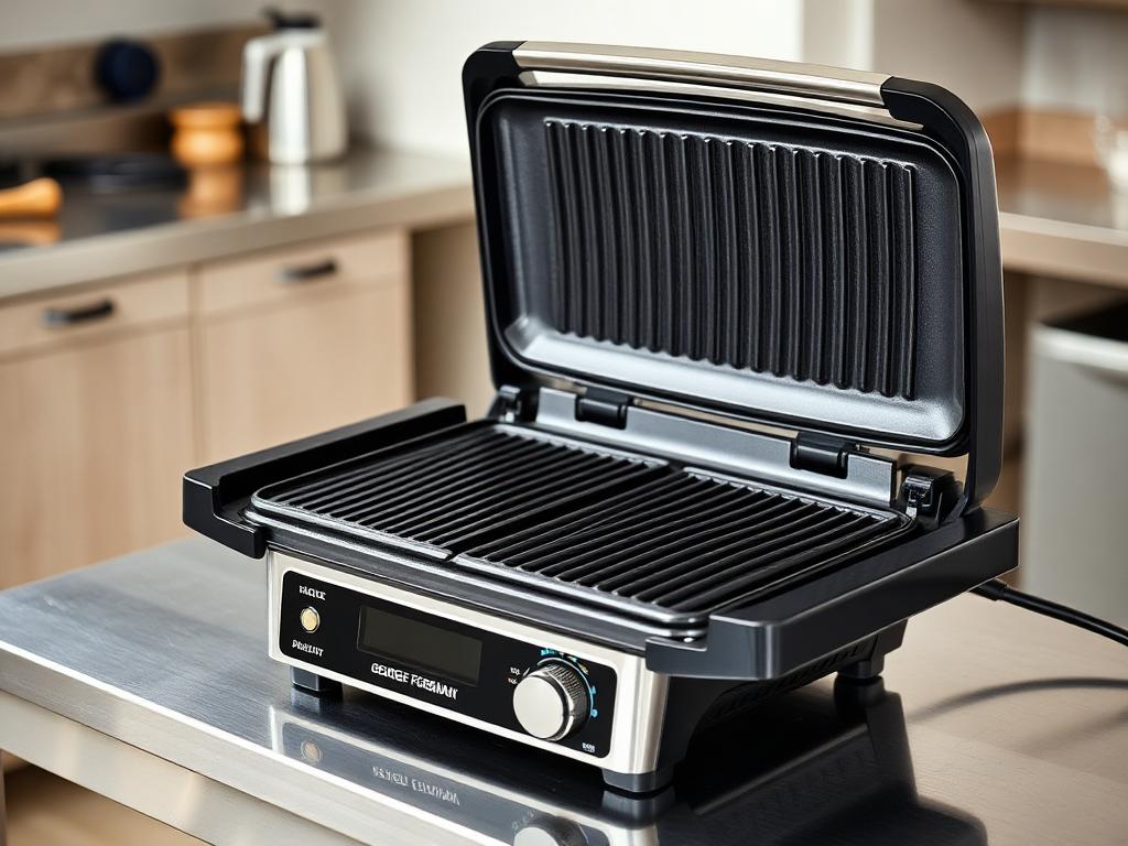 Tabletop grill open showing ribbed cooking plates