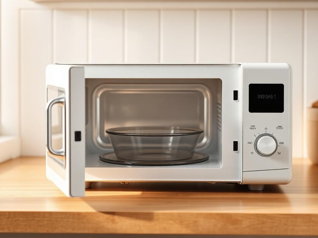 A clean white domestic microwave with the door open